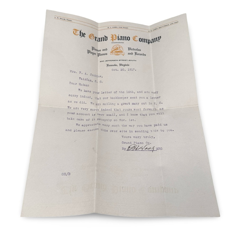 Antique F.A. Jenkins 1917 Grand Piano Co Roanoke VA‎ Letterhead Victor Victrola